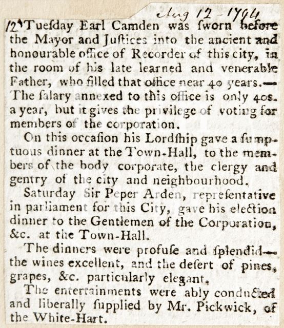 Swearing of the Earl of Camden in front of the Mayor of Bath 1794