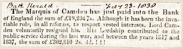 Payment of the Marquis of Camden into the Bank of England 1838