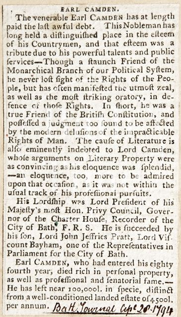 The death of the Earl of Camden 1794