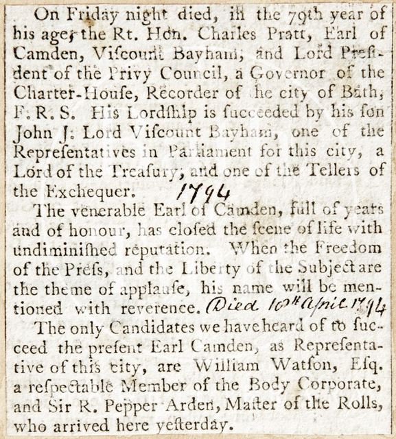 The death of the Earl of Camden 1794