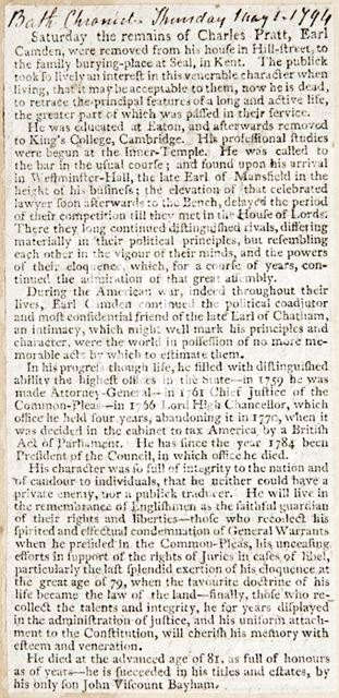 The funeral arrangements of the Earl of Camden 1794