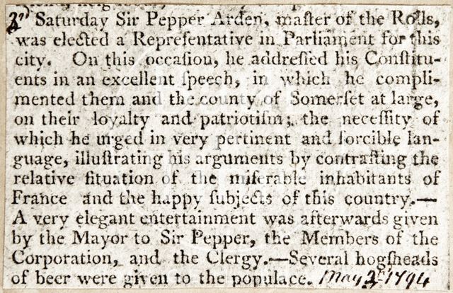 The election of Sir Pepper Arden, Master of the Rolls as a representative in Parliament for Bath 1794