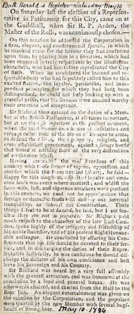 The election of Sir R.P. Arden, Master of the Rolls as a representative in Parliament for Bath 1794