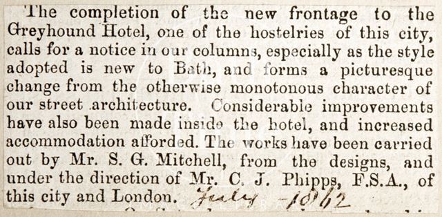 The completion of the new front to the Greyhound Hotel, Bath 1862