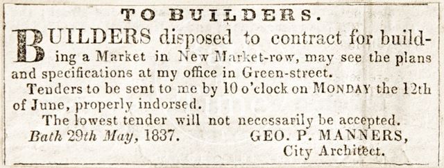 Plans for the new market in Newmarket Row at Geo P. Manners Office in Green Street, Bath 1837