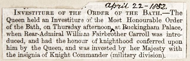 The Knighthood of Rear Admirable William Fairbrother Carroll at Buckingham Palace 1852