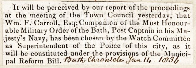 The Watch Committee of the Town Council of Bath making William F. Carroll the Superintendent of the Police 1836