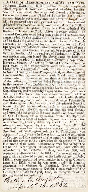 The death of Rear Admiral Sir William Fairbrother Carroll 1862