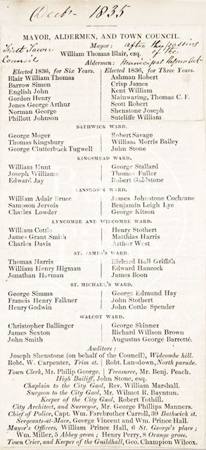 Leaflet listing the members of the Town Council of Mayor Alderman after the passing of the Municipal Reform Act 1835