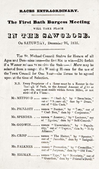 Leaflet announcing the first Bath Burgess meeting at Sawclose 1835