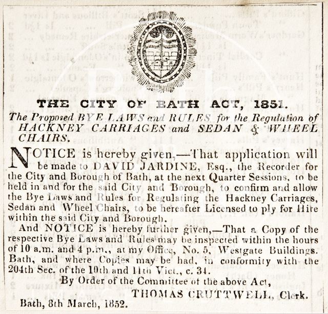 The proposed by-laws and laws of the City of Bath Act 1851, 1852