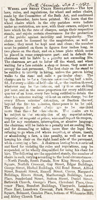 The printing of the by-laws regarding wheel and sedan chair regulations 1852