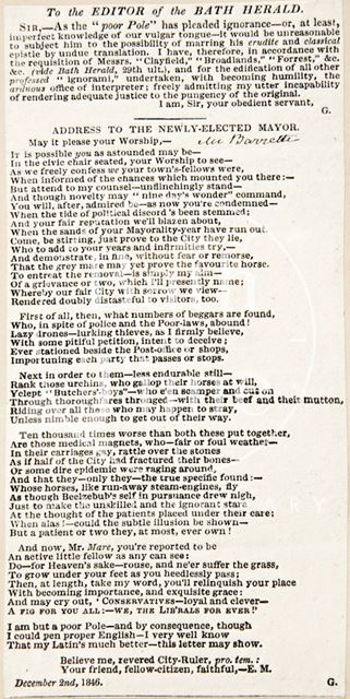 A letter to the editor of the Bath Herald critiquing the standing Mayor 1846