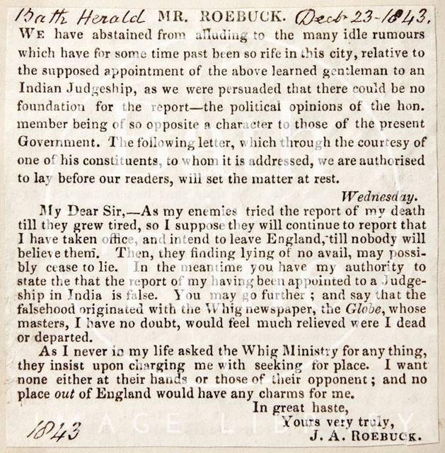 Rumours of the death of Mr. Roebuck 1843