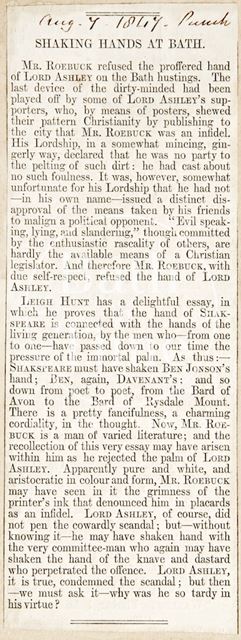 How Roebuck refused to shake the hand of Lord Ashley on the Bath Hustings 1847