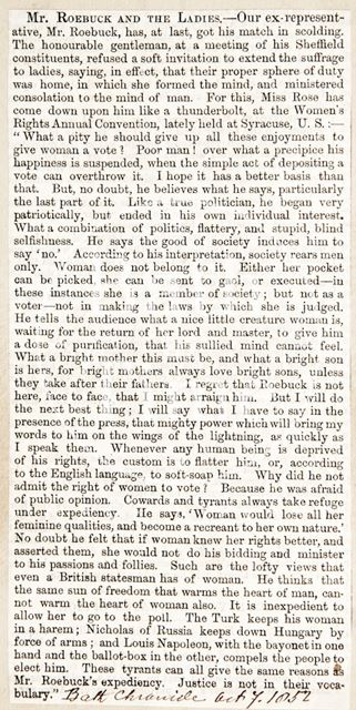 Mr. Roebuck's scalding by Miss Rose, of the Women's Right Annual Convention, over gender politics 1852