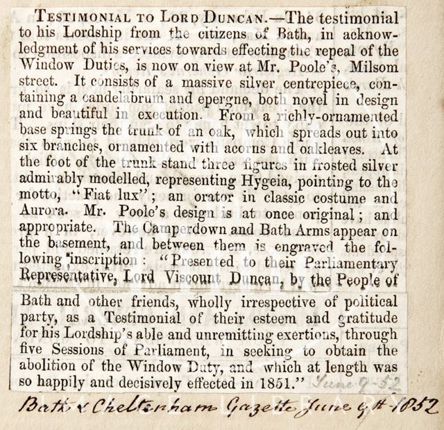 A testimonial to Lord Duncan with thanks for his time in parliament 1852