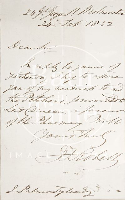 Handwritten note to Palmer and Tyler Esq. 1852