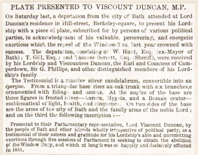 The gifts presented to Viscount Duncan M.P. in acknowledgement of his work towards the abolition of the window tax