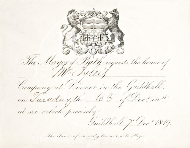 An invitation for a dinner at the Guildhall, Bath to Mr. Tylee 1849