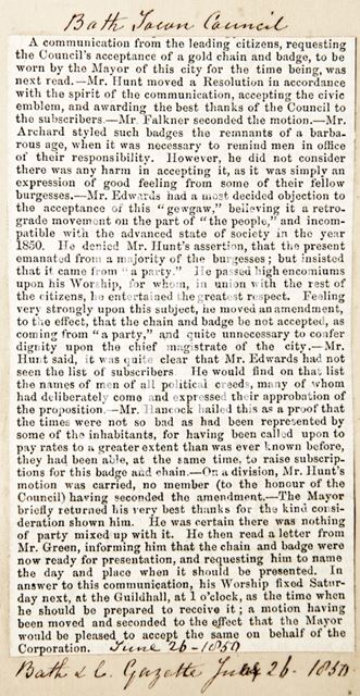 Bath town council's acceptance of a gold chain and badge to be worn by the Mayor 1850