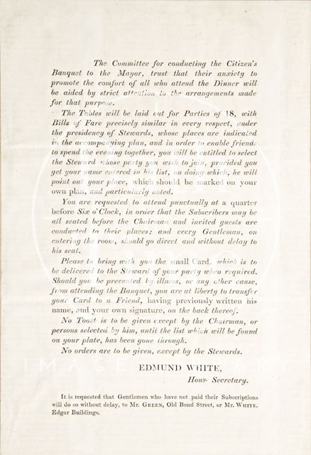 An invitation to the Citizen's Banquet to the Mayor, Bath