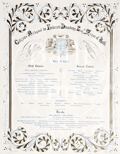 A poster for the Citizen's Banquet of Fredrick Dowding Esqre., Mayor of Bath 1850