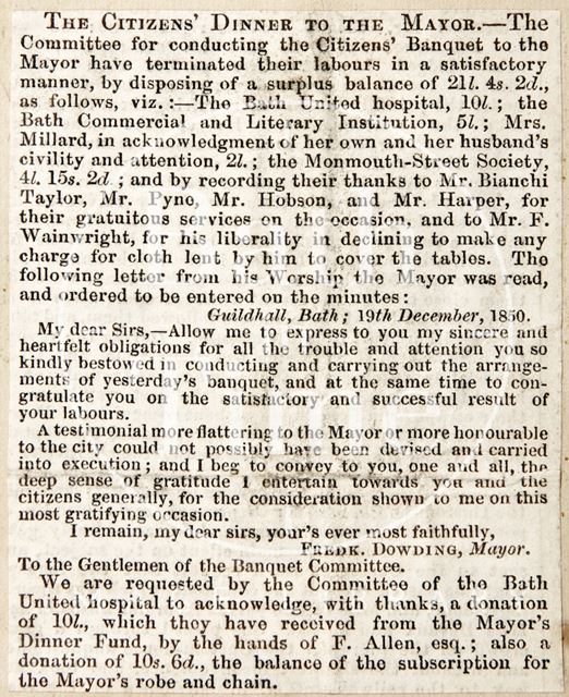 The donations made at the Mayor's dinner, Bath 1850