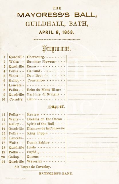 Dance programme to the Mayoress's Ball, Bath 1853