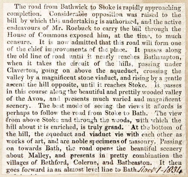 The new road from Bathwick, Bath to Stoke 1834