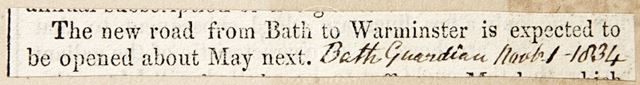 The new from Bath to Warminster is to be opened 1834