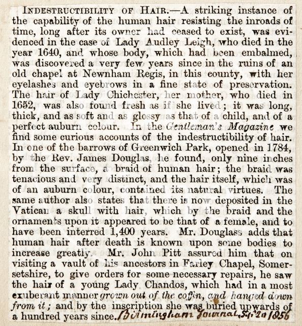 The account of indestructability of hair 1856