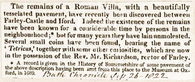 The discovery of a Roman villa between Farleigh Hungerford Castle, Somerset and Iford, Wiltshire 1822