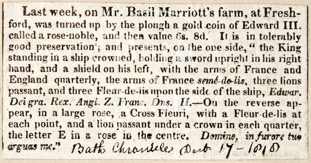 A gold coin of Edward III was found on a farm in Freshford 1818