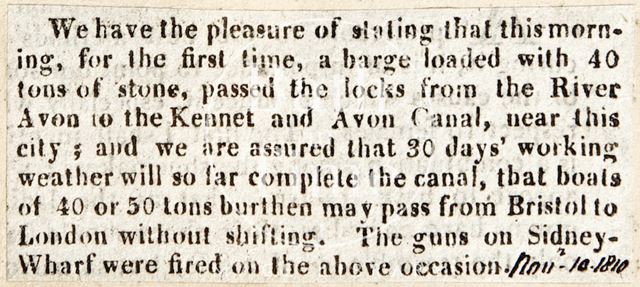 The first barge to pass from the River Avon to the Kennet and Avon Canal 1810