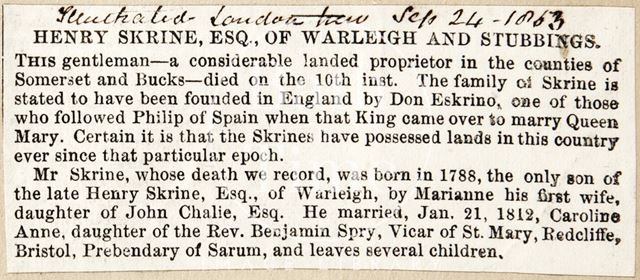 The death of Henry Skrine Esq. of Warleigh and Stubbings 1863