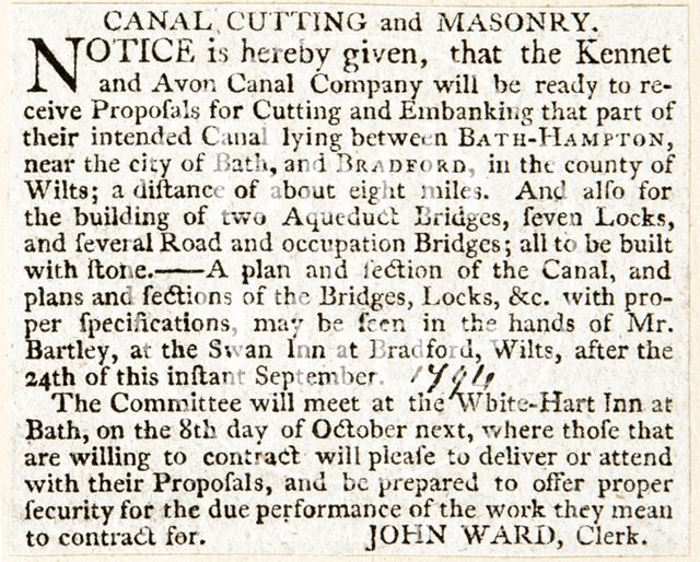 Notice for building works to commence on the intended canal between Bath Hampton and Bradford 1794