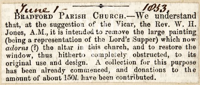 The removal of a painting from the Bradford-on-Avon Parish Church, Wiltshire 1853