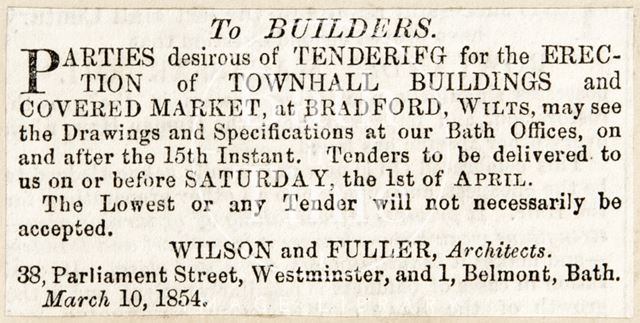 Tenders for the Town Hall Buildings, Bradford-on-Avon, Wiltshire 1854