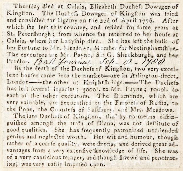 The death of Elizabeth Duchess Dowager of Kingston House, Bradford-on-Avon, Wiltshire 1788