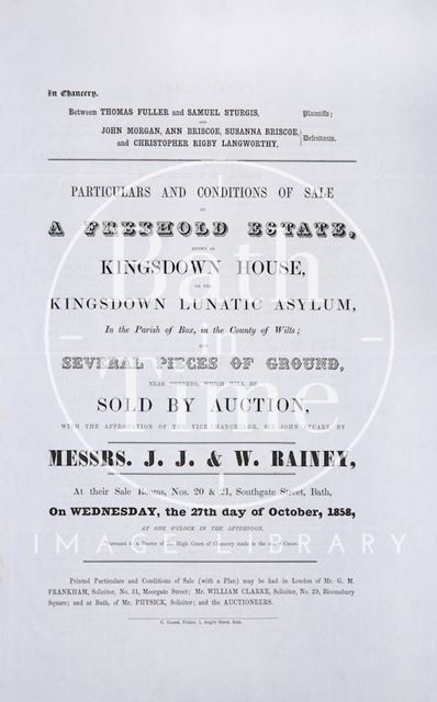 Poster advertising the sale of Kingsdown House near Box, Wiltshire 1858