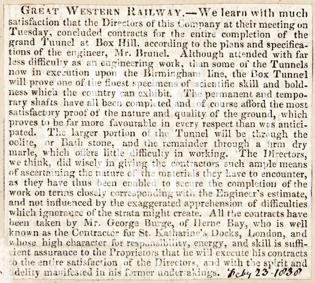 Completion of contracts for the tunnel at Box Hill, Wiltshire 1838