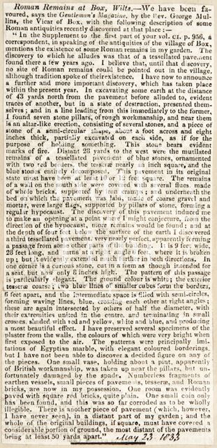 The discovery of Roman Remains in Box, Wiltshire 1833