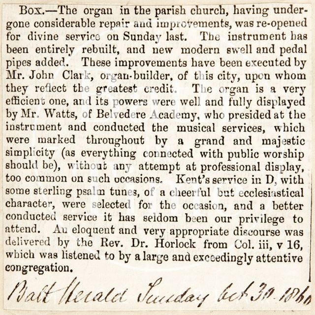 The organ in Box Church, Wiltshire was reopened 1860