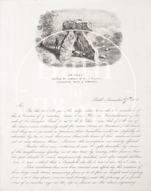 Handwritten letter concerning Cromlech, marking the junction between Gloucestershire, Wiltshire and Somerset 1858