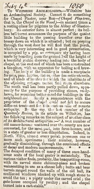 The Wiltshire Archaeological Society to restore the Chapel Plaister near Box 1858