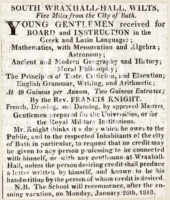 The South Wraxall Hall for the Education of Young Gentlemen 1818