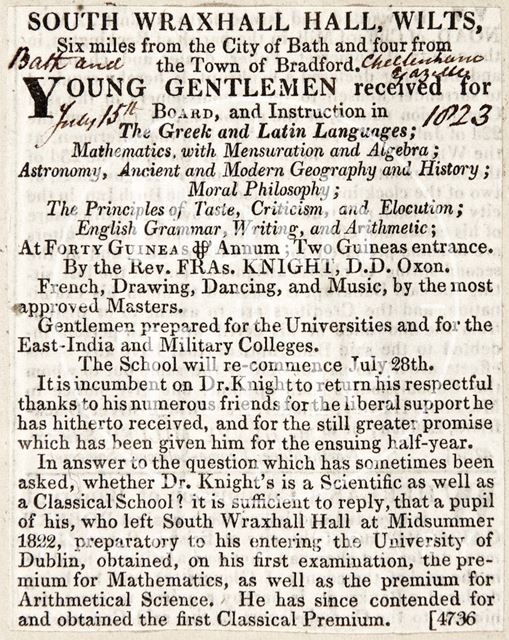 The South Wraxall Hall for the Education of Young Gentlemen 1818