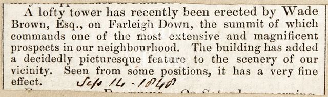 The construction of a lofty tower by Wade Brown Esq. on Farleigh Down, Wiltshire 1848