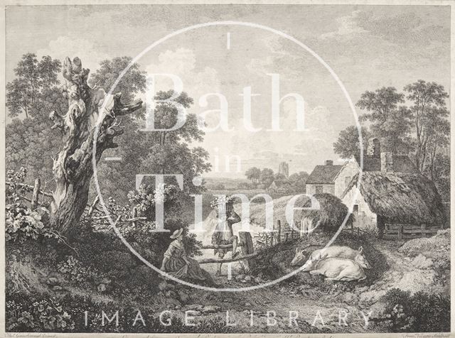 Landscape featuring pigs and couple in foreground